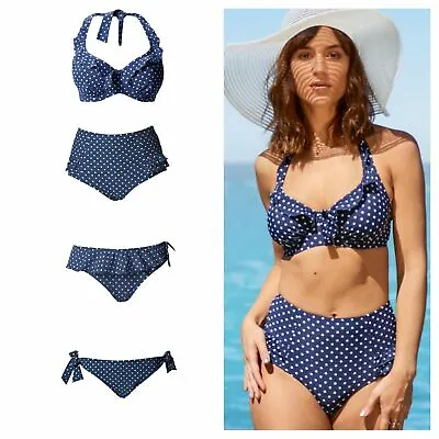 Pour Moi Hot Spots Navy Underwired Bikini Top Frill Tie Control Bikini Brief • £14.40