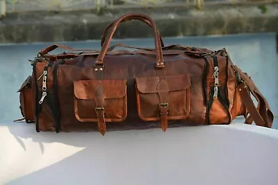 Retro Weekend Leather Travel Luggage Brown Real Suitcase Carry Genuine Duffle • $71.25