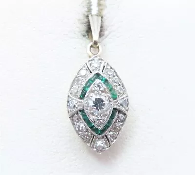 Vintage 14K White Gold Emerald & ~1/2CTW Diamond (~1/5C Ctr) Pendant • $295