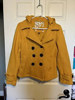 Sebby Women's Mustard Yellow Hooded Pea Coat Size Medium • $16.99