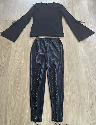 Sexy Size M 12 14 Black Wet Look Leggings Criss-cross Lace Up Back & Free Top • £13.99
