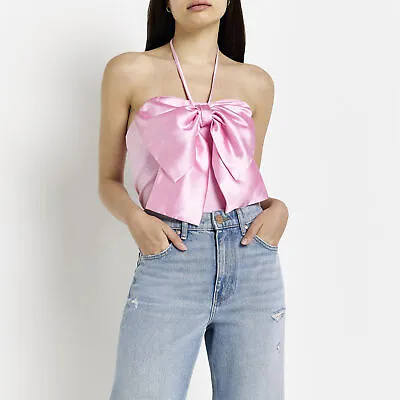 £7 • Buy River Island Womens Bow Detail Top Pink Halter Neck Sleeveless Satin Casual Vest