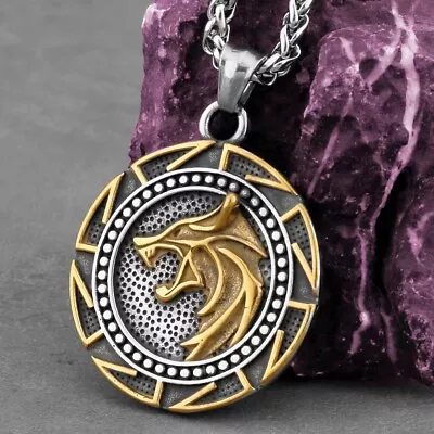 Mens Norse Viking Gold Wolf Head Pendant Necklace Celtic Jewelry Stainless Steel • $11.99