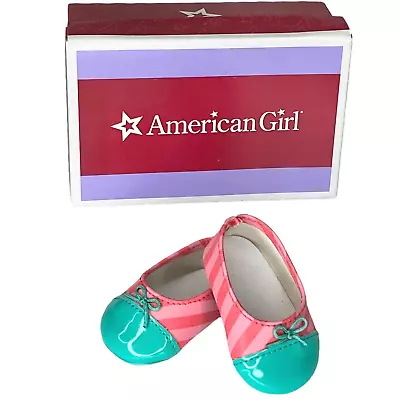 NEW American Girl Doll BRIGHT STRIPES FLATS Teal Patent & Pink Shoes In Shoebox • $41.11