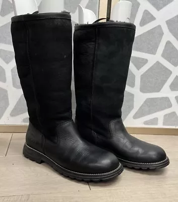 UGG Brooks Sz 9 Tall Black Pull On Leather Suede Sheepskin Wool Fur Boots 5382  • $85