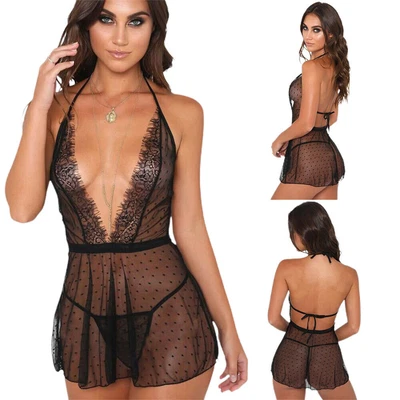 $11.59 • Buy Women Sexy Mesh Sheer Nightdress Lingerie G-string Thong Set Babydoll Sleepwear