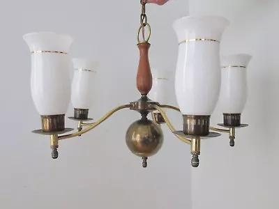 Vtg 1959 Mid Century Modern Moe Brass Walnut Chandelier Ceiling Light Fixture • $137.50