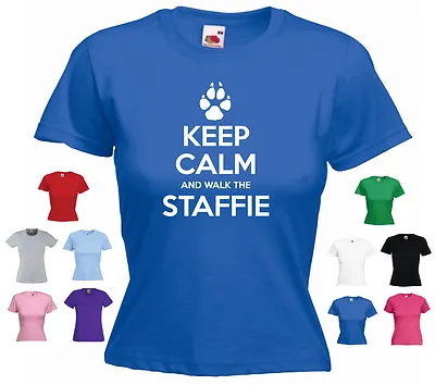 'Keep Calm And Walk The Staffie' Pet Dog Walker Ladies Girls Funny T-shirt Tee • £11.69