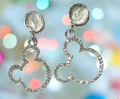 Silver Color Mickey Mouse Shaped Dangle Earrings Accented W/Sparkly Rhinestones • $6.99