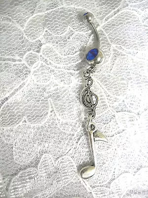 NEW MUSIC G CLEF & MUSIC NOTE DOUBLE DANGLING CHARMS 14g COBALT BLUE BELLY RING • $5.99