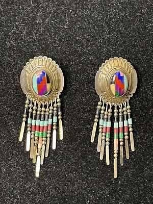 QT Quoc Sterling Silver Inlay Turquoise Concho Dangle Earrings • $69.99