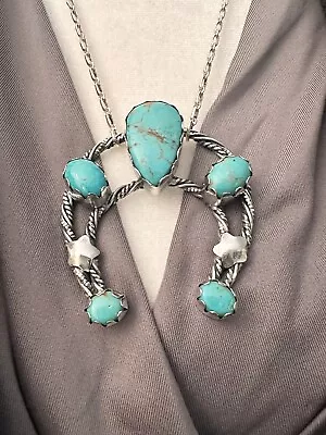 Vtg Native American Turquoise Squash Blossom 925 Sterling Silver Necklace 22 In • $560