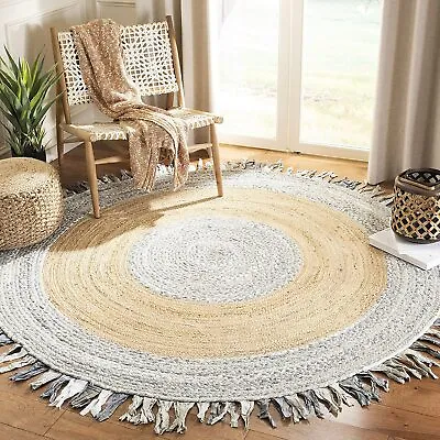 Rug Jute & Cotton Handmade Reversible Area Rug Round Modern Rustic Look Carpet  • $51.29