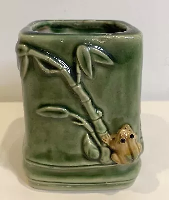 Vtg Ceramic Planter Tree Frog Bamboo Leaves Pot Glazed Succulents Marked B-163 • $15