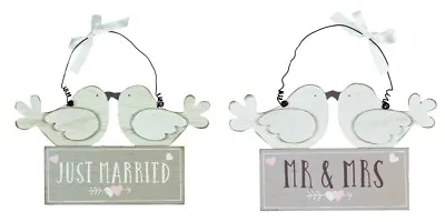 Wooden Just Married Mr & Mrs Love Birds Hanging Plaques Wedding Day Gift Love • £4.99