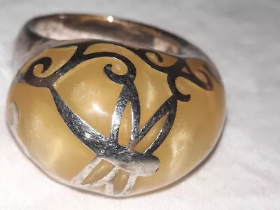 Chunky Dragonfly Creme Marble Resin Lucite Oval Dome Silver Statement Ring 6 1/2 • $24.51