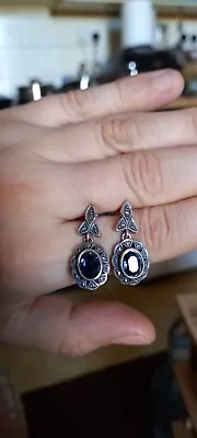 Antique Victorian French Sterling Silver Foiled Backs Blue Paste Earrings Tested • £11.43