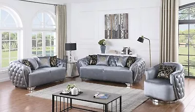 NEW Modern Luxe 3PC Sofa Gray Silver Velvet Contemporary Living Room & 9 Pillows • $2699.99