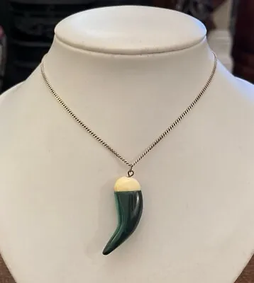 Vintage Genuine Malachite & Bone Tooth Shaped Pendant On 925 Gold Plated Chain • £15