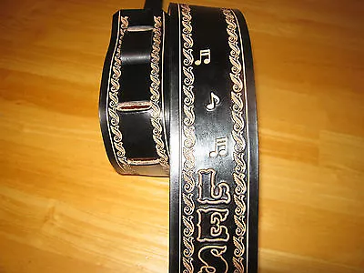 Custom Made Leather Guitar Strap(with Your Name) & Music Notes 2 1/2  Wide Black • $75