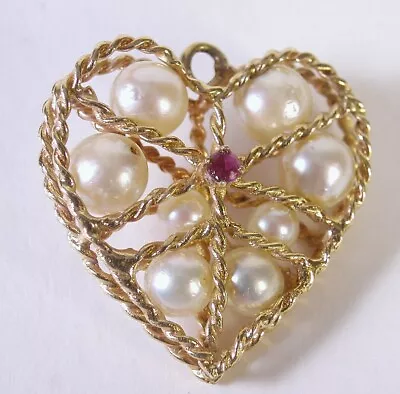 Vintage Large 14K Yellow Gold Heart Ruby Pearl Charm Pendant 5.6gr • $229