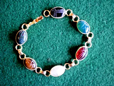 Vintage 6-Stone Link Scarab Bracelet Gold Tone Unsigned • $17.95