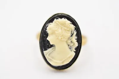 Vintage Cameo Ring Adjustable Oval Gold Tone Black White Woman NOS 1980s BinA9 • $7.96