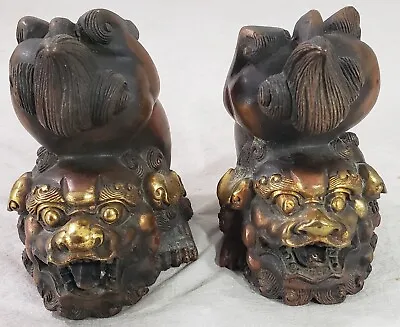 Pair Vintage Chinese Red Copper Bronze Gold Gilt Foo Dog Lion Guard Sculptures • $150