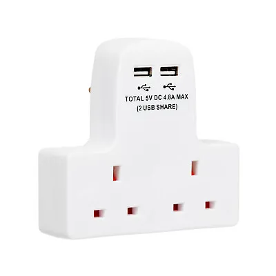 Multi Wall Adaptor Socket 2 Way Gang Plug 13A 2x USB Charging Ports 4.8A White • £8.99
