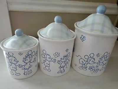 Set Of 3 Disney Ceramic Canisters Mickey & Minnie Mouse Flowers Old Style Blue • $120