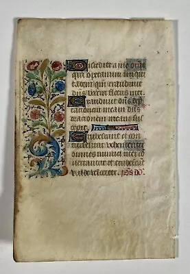 SMALL Illuminated Book Of Hours Leaf Medieval Vellum 15th C. Prayer Manuscript • $335