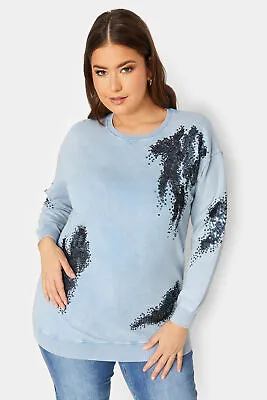 YOURS LUXURY Curve Light Blue Acid Wash Sequin Sweatshirt • £20