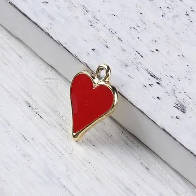 10 GOLD PLATED RED ENAMEL LOVE HEART CHARMS/PENDANTS~17mm Valentine Crafts () • £3.30