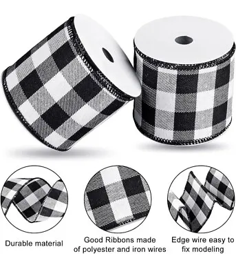 10yards 63mm (2.5”) BLACK/WHITE BUFFALO PLAID CHECK  WIRED EDGE RIBBON  • £7.50