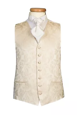 Mens Gold Waistcoat Wedding Vest Formal Waiters Work Hotel Bar Fancy Dress Leaf • £7.95