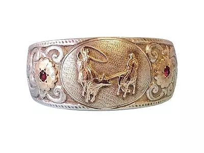 Vintage Gist Signed Sterling Cuff Bracelet Cowboy Motif With Gold Accents • $375