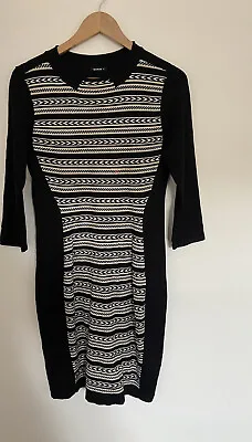Roman Dress Womens UK 12  Black White Geometric Bodycon Stretch Midi Collared • $10.09