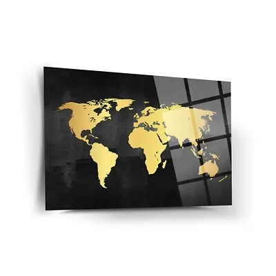 Gold World Map Tempered Glass Wall Art Easy Installation Fade Proof Wall Decor • $149