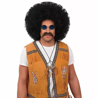 Adult Black Large Afro Pop Wig For Mens Womens 70s Hippie Fancy Dress Costume • $20.95