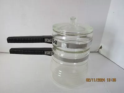 Vintage Glass Double Boiler W/ Lid  5 Cup Black Handles • $19.99