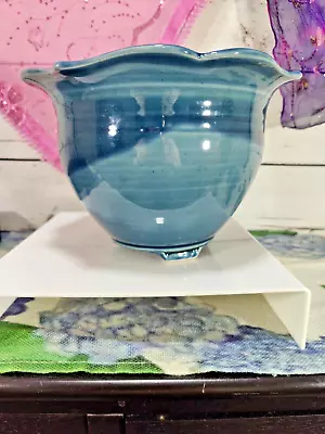 Studio Art Pottery Blue Glazed Ruffled Edge Three Footed Planter Signed • $9.09