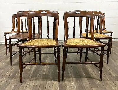Antiqued Caned Victorian Gunstock Spindle Back Dining Chairs - Set Of 6 • $1299