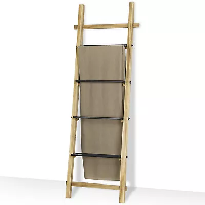 Brown Wood Wall Leaning Blanket Ladder Rack Towel Holder Towel Rack With Rung • $44.99