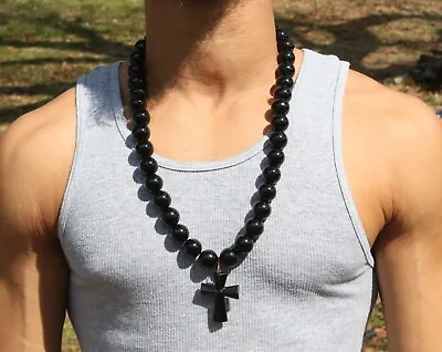 Black Onyx Cross Necklace 18mm Bead Chain Large Beaded Jewelry For Strong Men • $114