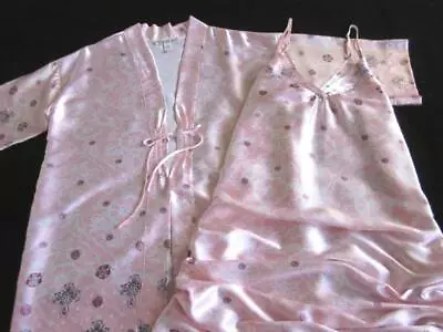 Vintage Oscar De La Renta Long Gown + Robe Peignoir Set M Pink Floral Satin NEW • £83