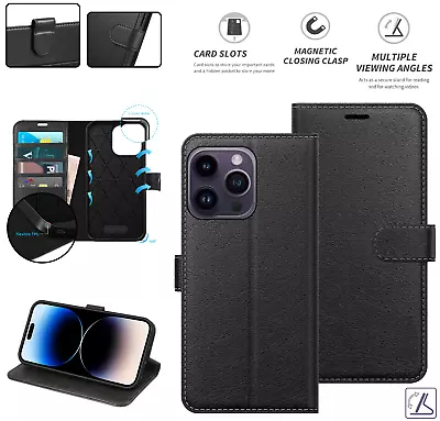 Flip Black Leather Phone Case Wallet Cover With Card Slot For IPhones Samsung • £5.99