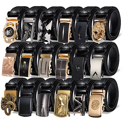 Mens Leather Belts Smooth Automatic Buckle Black Ratchet Business Waist Straps • £12.99