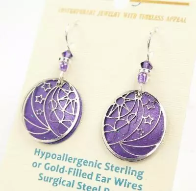 Adajio Earrings Shiny Silver Sun Moon Stars Over Sparkling Purple Disc 7981 • $23.50