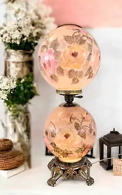 Antique Hand Painted Floral Double Round Globe GWTW Lamp • $400