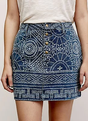 NEW Free People Denim Tribal Ethnic Printed 4 Button Straight Mini Skirt 4  • $54